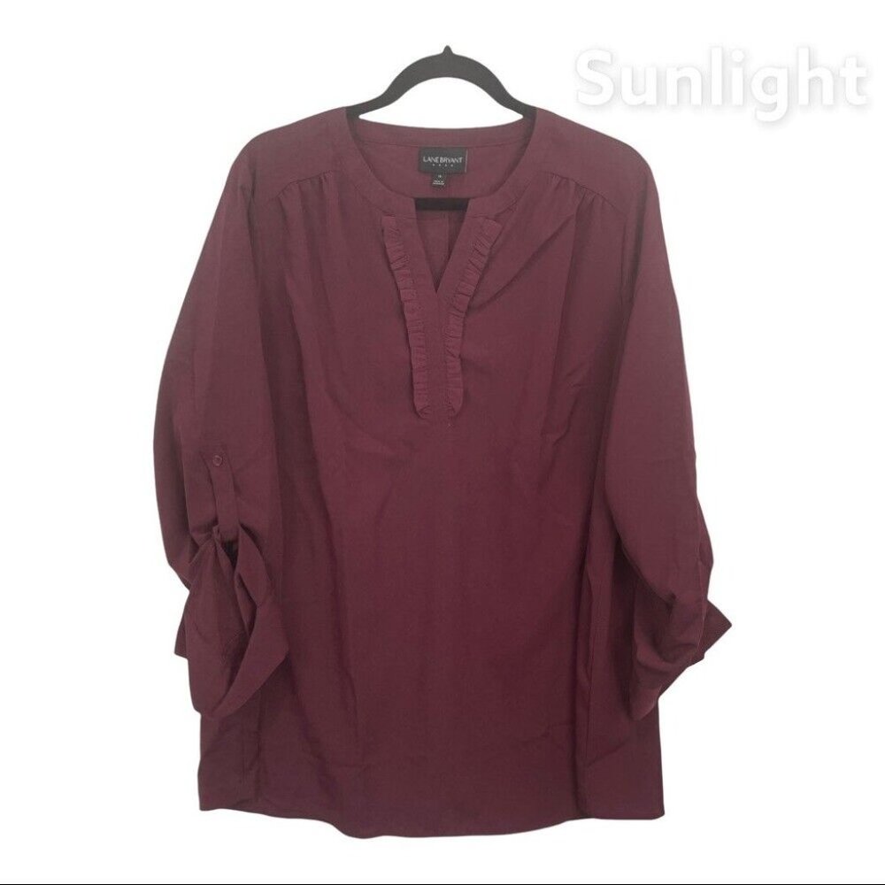 LANE BRYANT Burgandy Ruffles V Neck Tunic Blouse. Women Size 14-Roll Tap Sleeve
